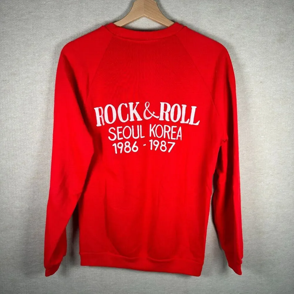 True Vintage 1980s Graphic Crewneck Seoul Rock And Roll Amazon Club Mens S Red
